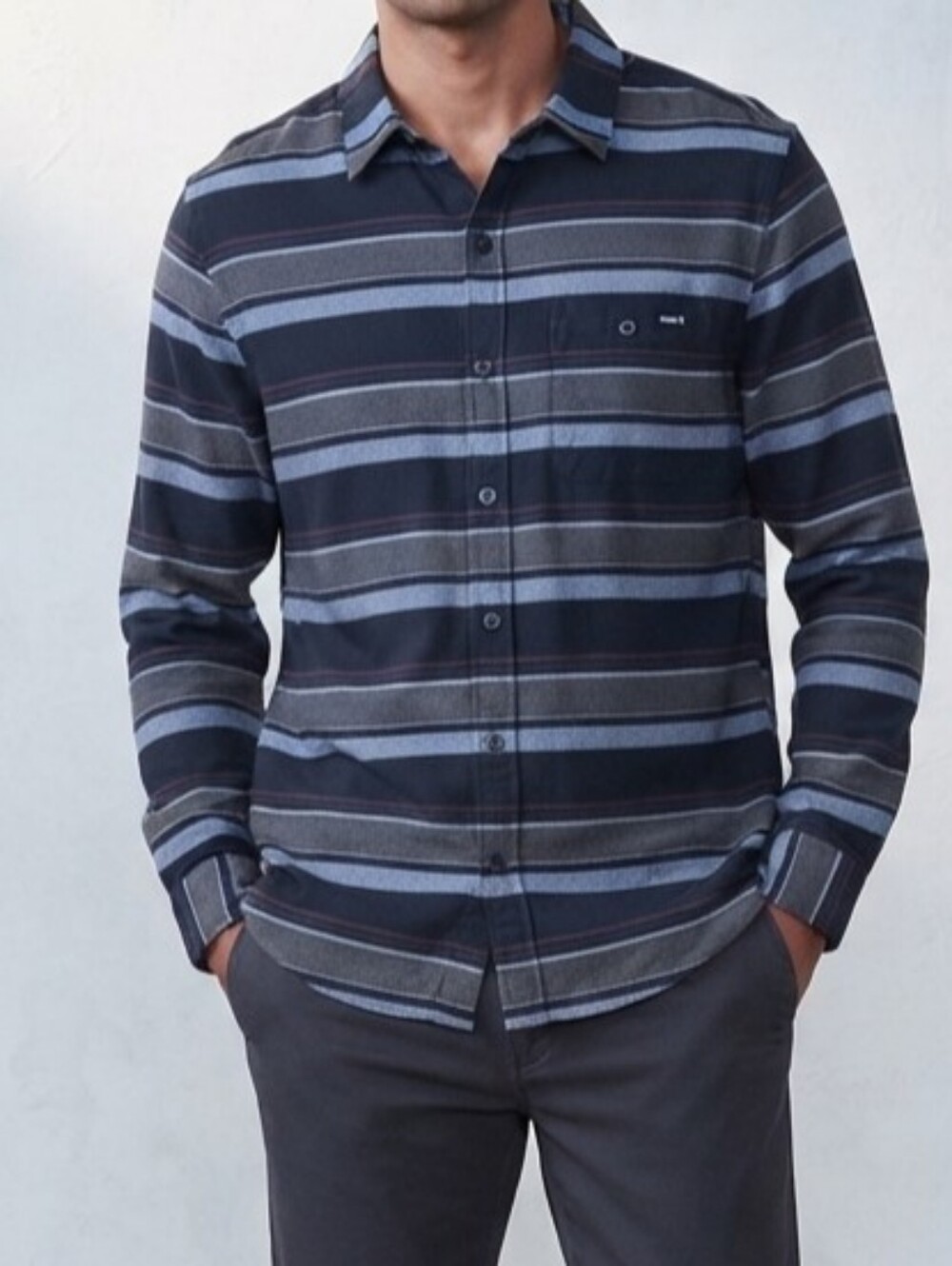 Hurley Men's Striped Button-Down Shirt - Black, Gray & Olive $60